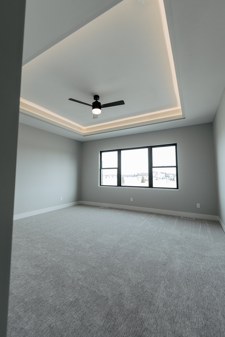 Primary bedroom with tray ceiling and cove lighting