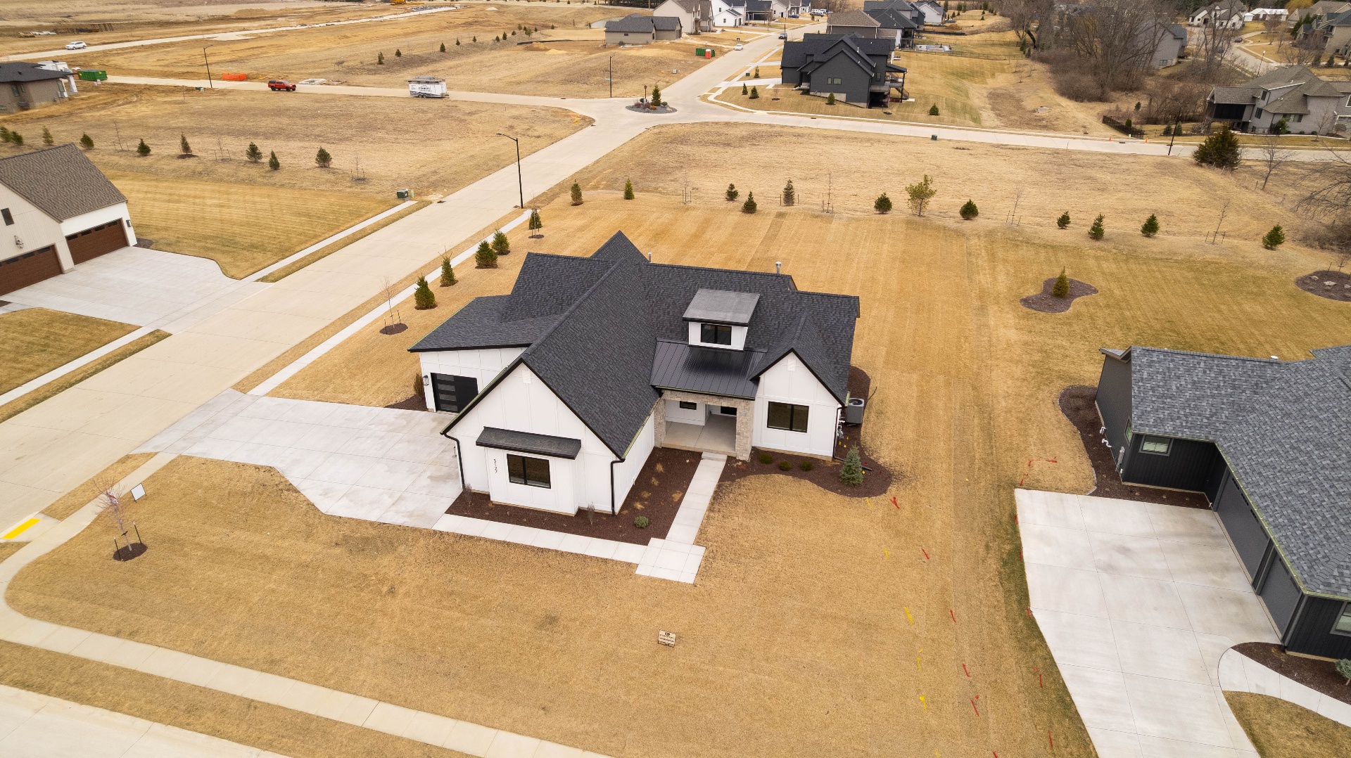 Aerial view of modern farmhouse Kerkhoff build